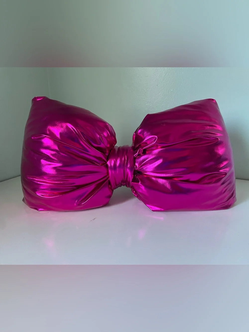 Decorative Hot Pink Bow Shaped Accent Pillow Metallic Faux Leather